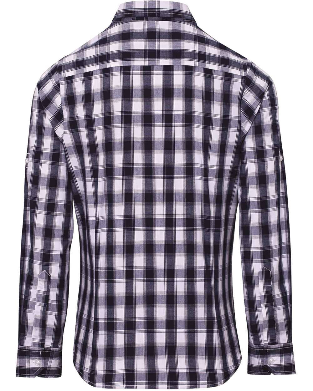Rear View of White/ Navy Women's Mulligan Check Cotton Dress Shirt - RP350