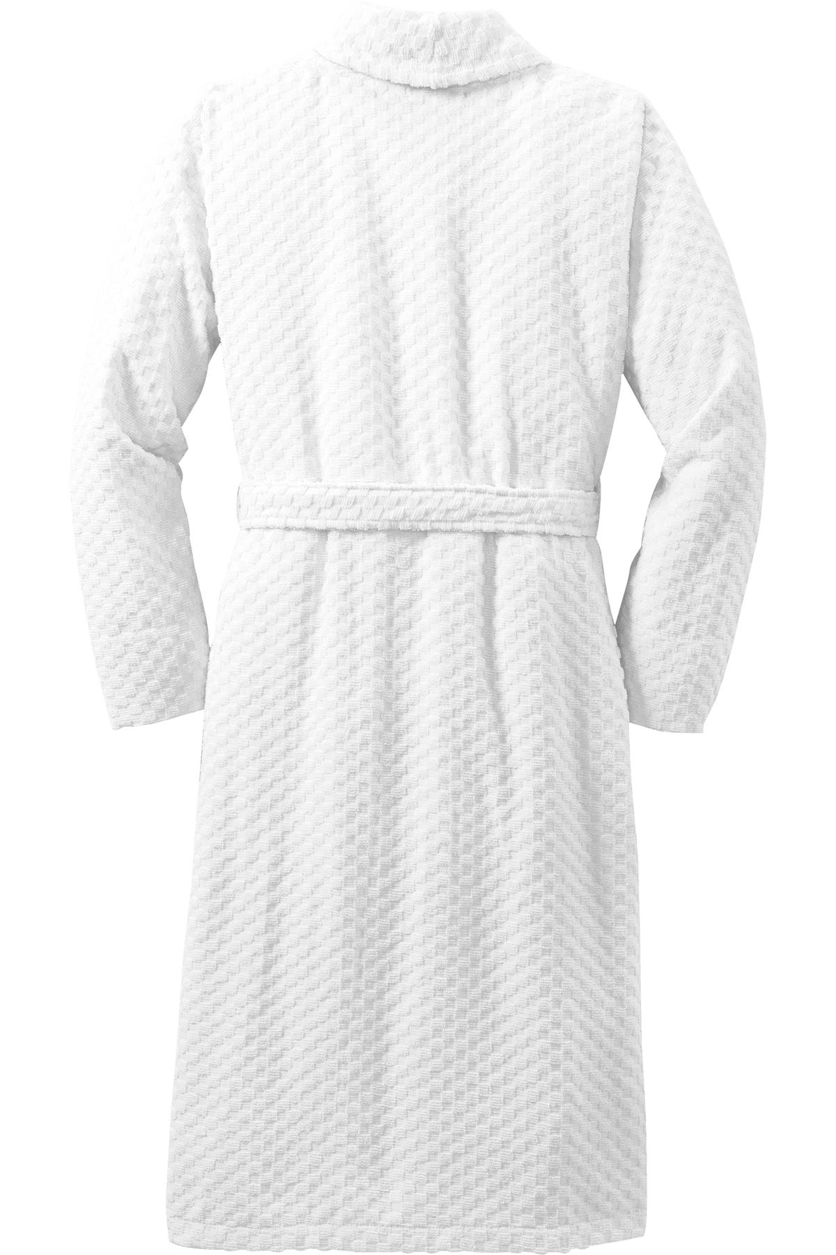 Front View of White Port Authority Checkered Terry Shawl Collar Robe. R103