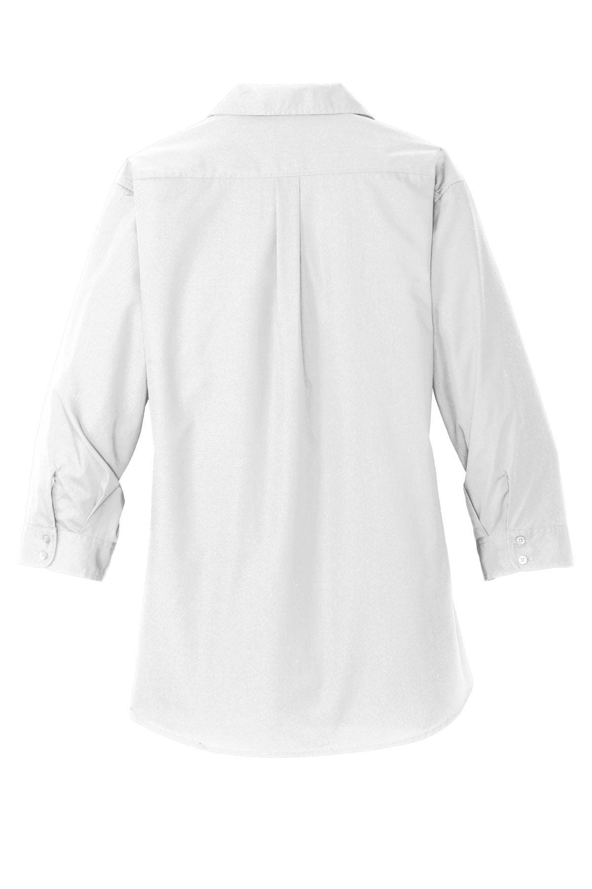 Front View of White Port Authority Women's 3/4-Sleeve Carefree Poplin Shirt. LW102