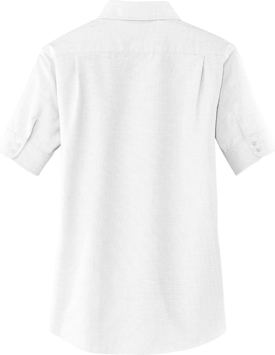 Front View of White Port Authority Women's Short Sleeve SuperPro Oxford Shirt. L659