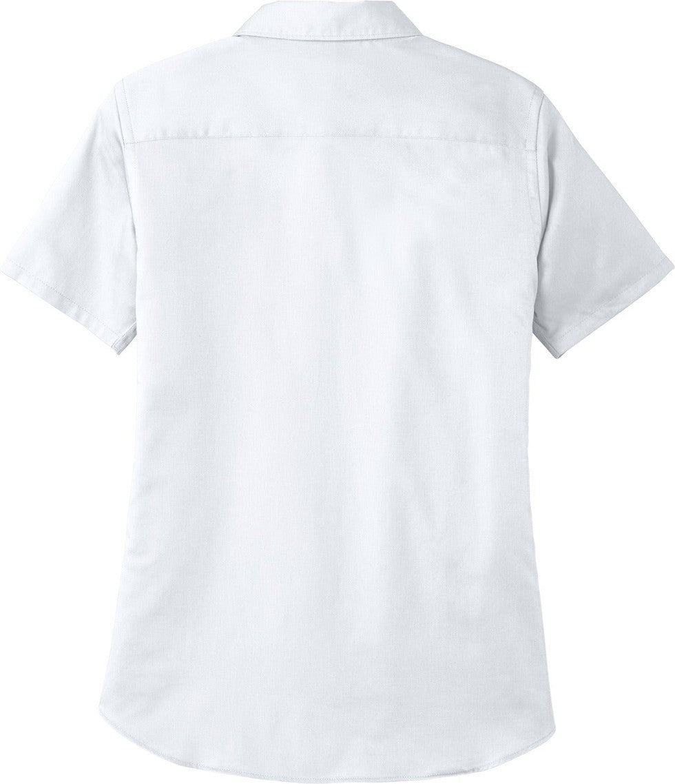 Front View of White Port Authority Women's Short Sleeve SuperPro React Twill Shirt. LW809