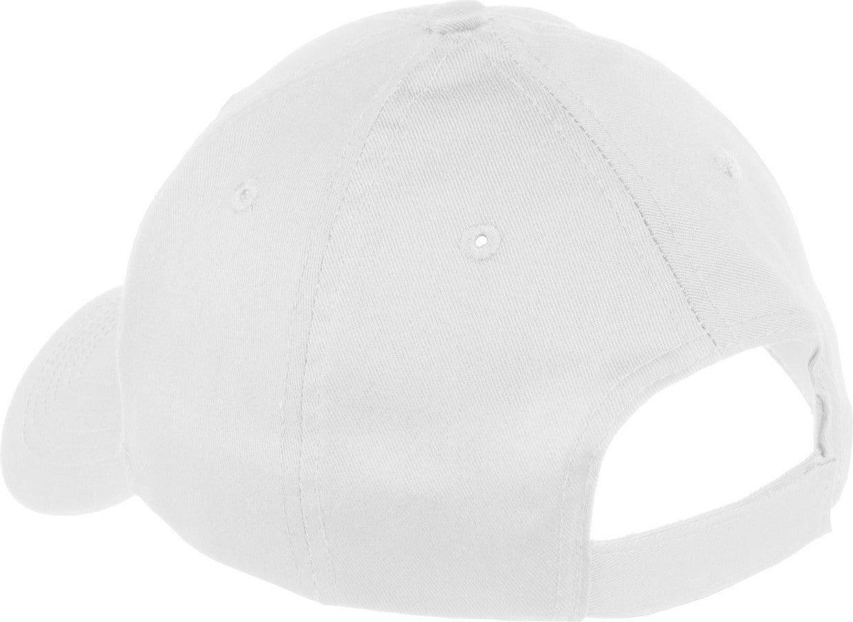 Front View of White Port Authority Youth Six-Panel Twill Cap. YCP80