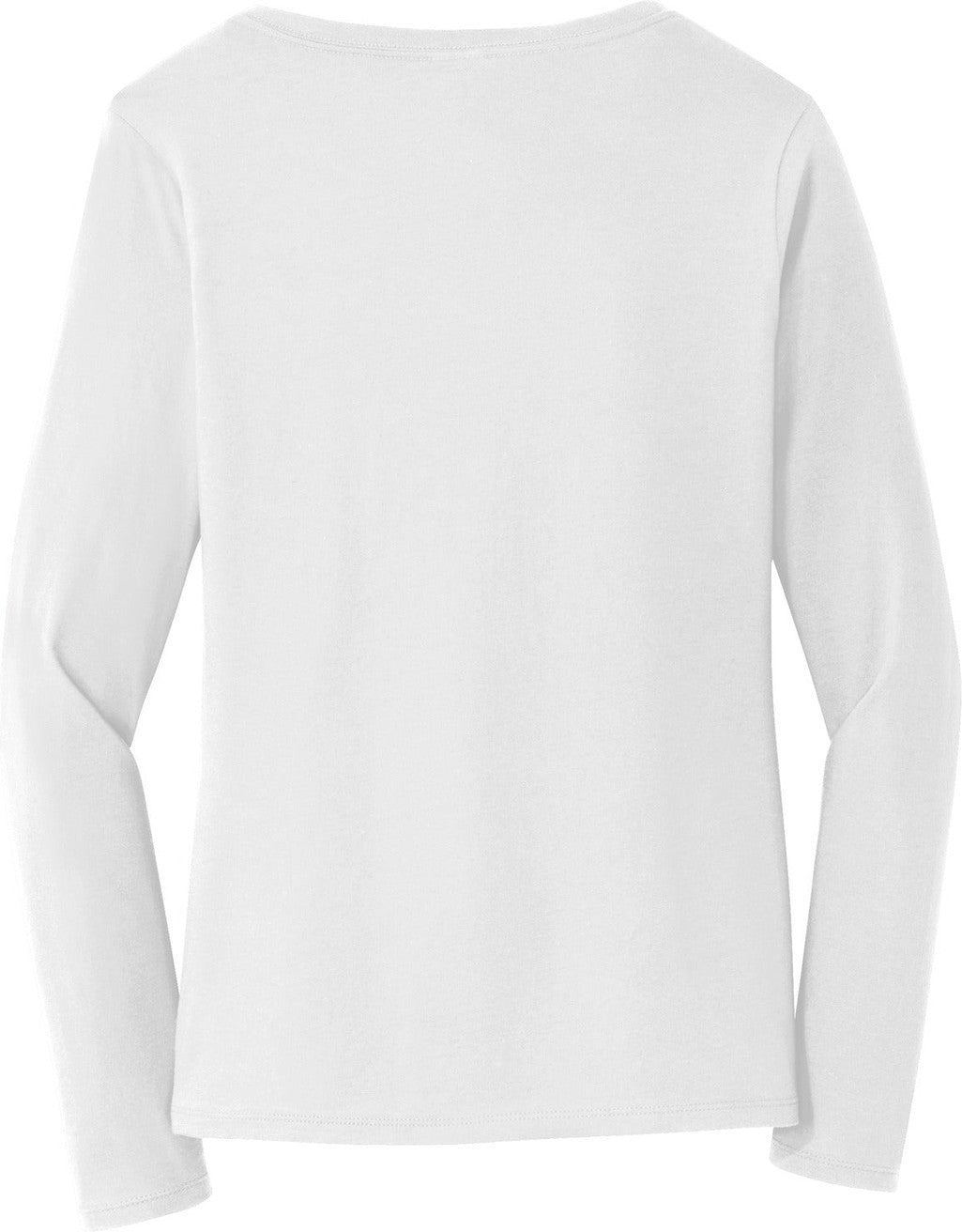 Rear View of White Port & Co Women's Long Sleeve Fan Favorite V-Neck Tee. LPC450VLS