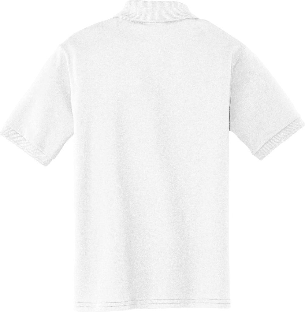Front View of White Port & Co Youth Core Blend Jersey Knit Polo. KP55Y