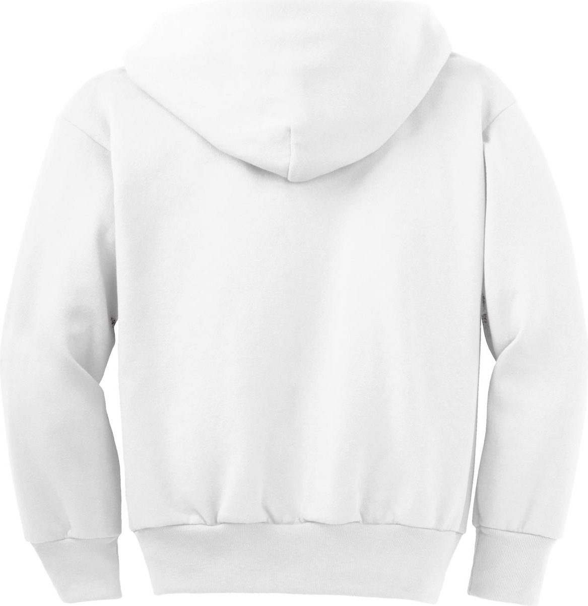 Front View of White Port & Co Youth Core Fleece Full-Zip Hooded Sweatshirt. PC90YZH