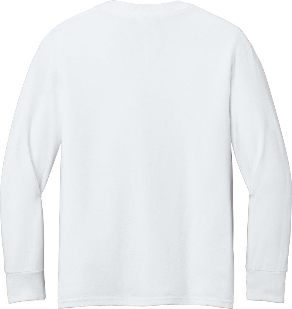 Front View of White Port & Co Youth Long Sleeve Core Cotton Tee. PC54YLS