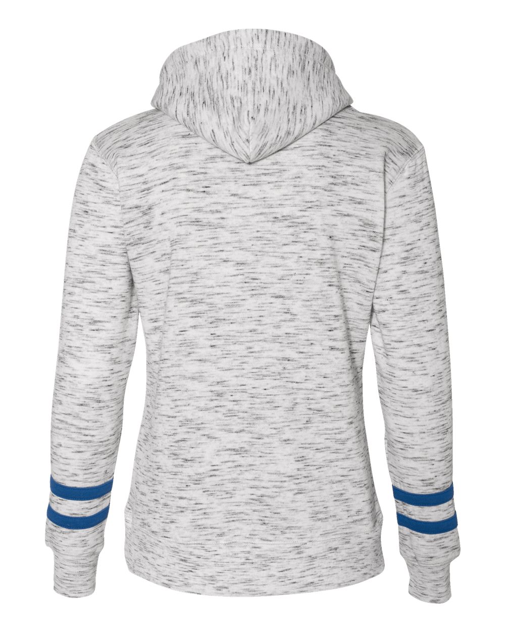 Front View of White/ Royal Women’s Mélange Fleece Striped-Sleeve Hooded Sweatshirt - 8674