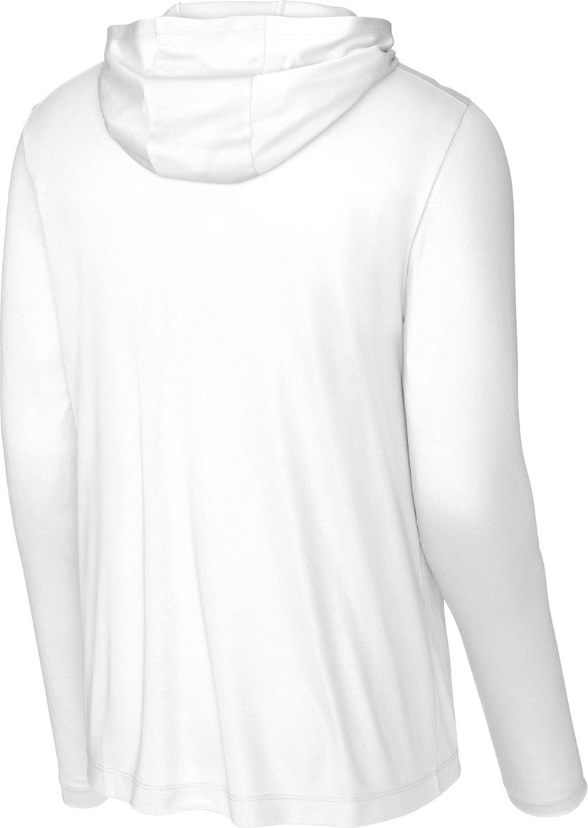 Rear View of White Sport-Tek Posi-UV Pro Long Sleeve Hoodie ST420LSH