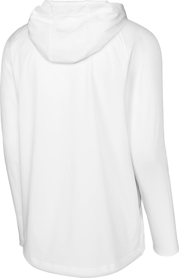 Front View of White Sport-Tek Repeat 1/2-Zip Long Sleeve Hooded Jacket JST488