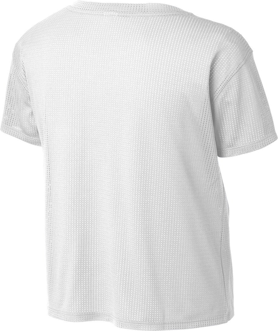 Front View of White Sport-Tek Women's PosiCharge Draft Crop Tee. LST411