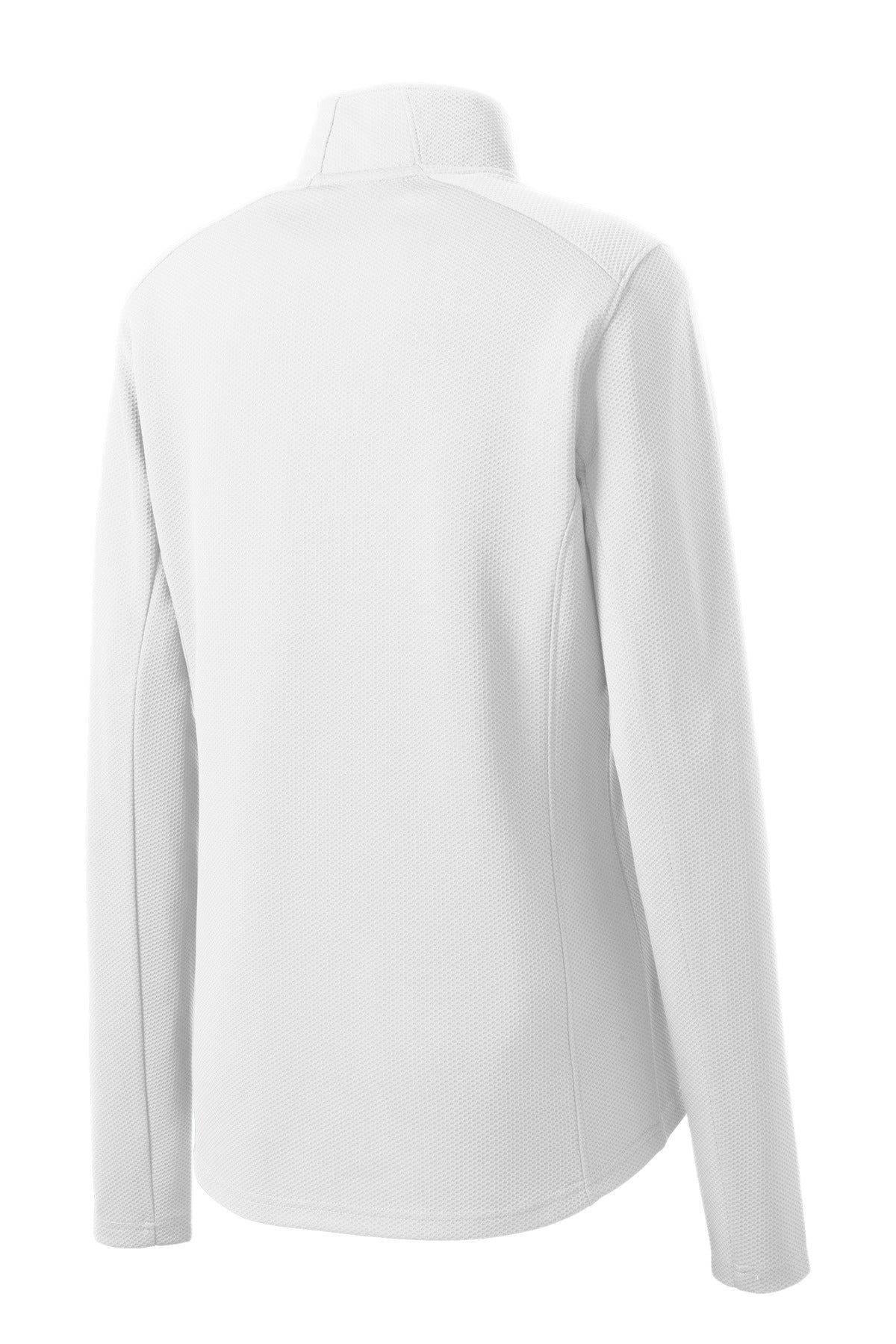 Front View of White Sport-Tek Women's Sport-Wick Textured 1/4-Zip Pullover. LST860