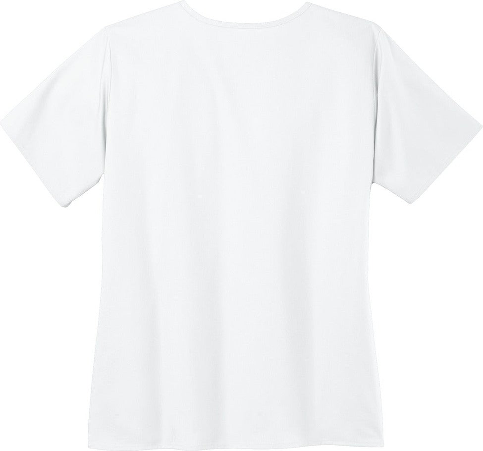 Rear View of White Wink Women's WorkFlex Mock Wrap Top WW4760