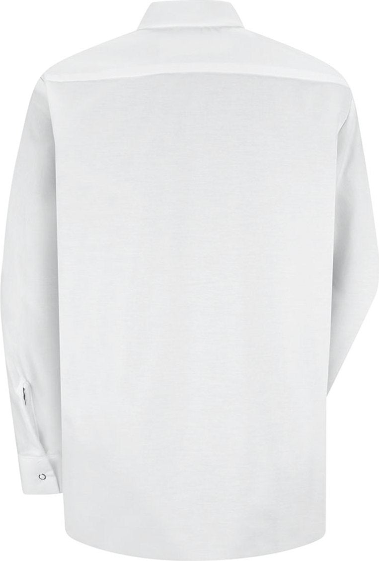 Front View of White Women's Long Sleeve Specialized Pocketless Poplin Work Shirt - SP15