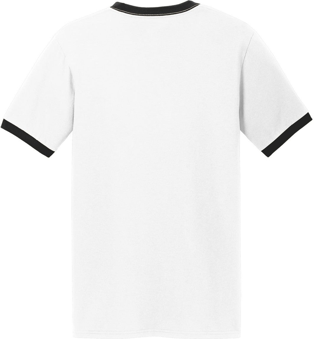Rear View of White/Jet Blk Port & Co Core Cotton Ringer Tee. PC54R