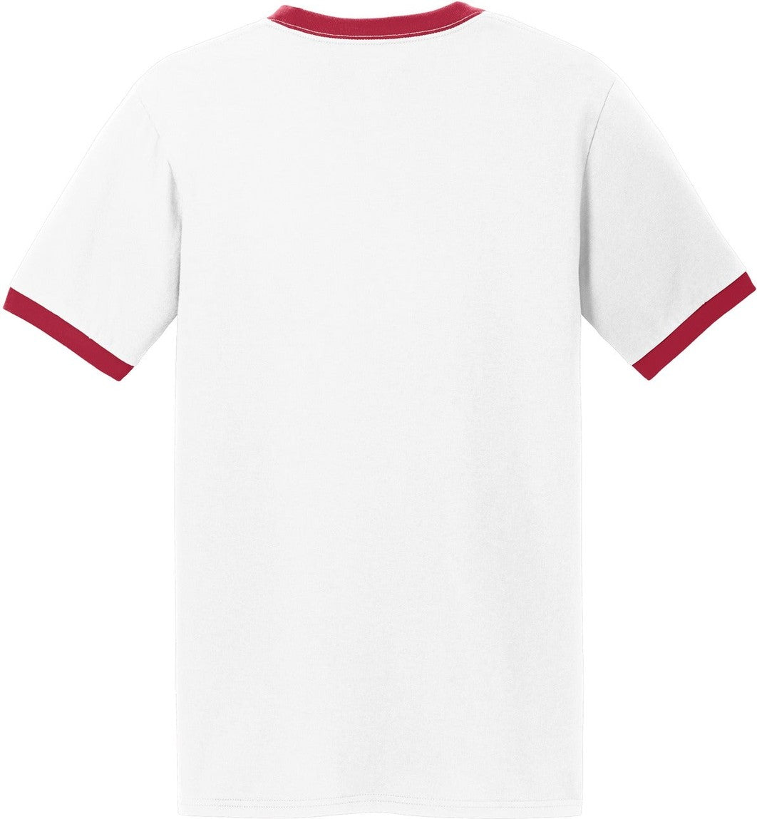 Front View of White/Red Port & Co Core Cotton Ringer Tee. PC54R