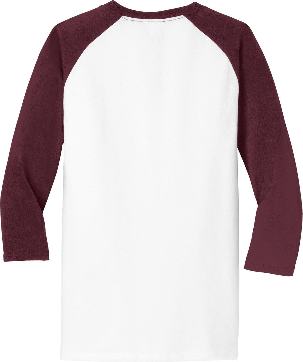 Front View of Wht/Ath Maroon Port & Co Core Blend 3/4-Sleeve Raglan Tee. PC55RS
