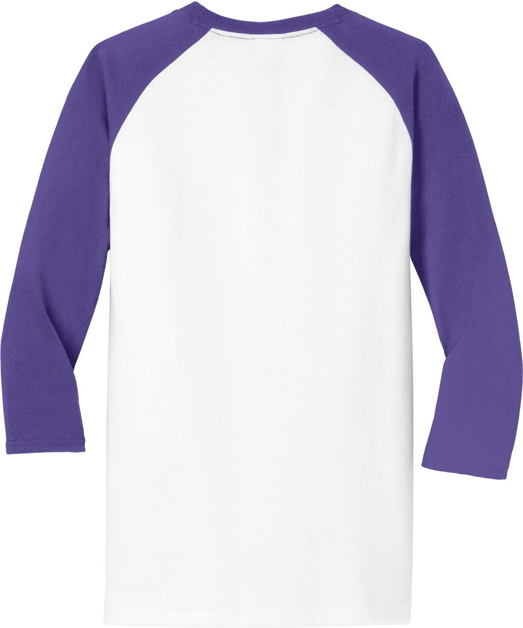 Front View of Wht/Purple Port & Co Core Blend 3/4-Sleeve Raglan Tee. PC55RS