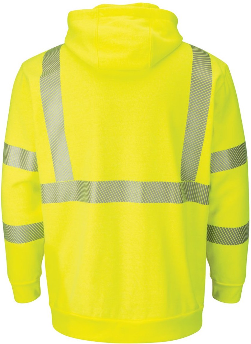 Rear View of Yellow/ Green Hi-Visibility Zip-Front Hooded Fleece Sweatshirt with Waffle Lining - SMZ4HV