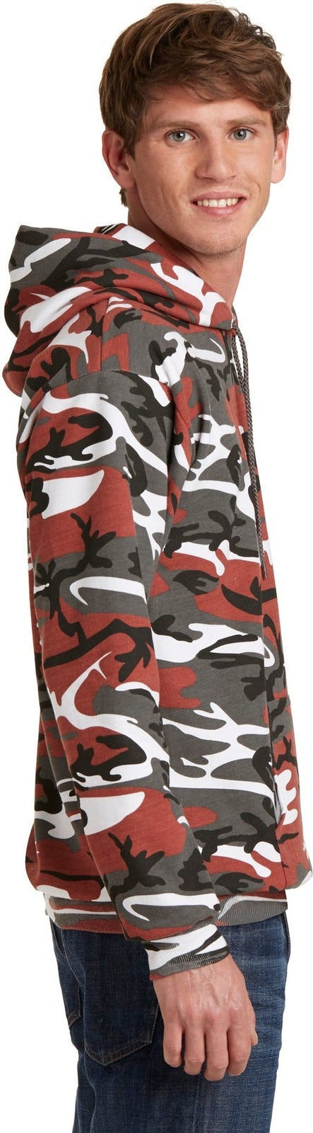 Red Camo Port & Co Core Fleece Camo Pullover Hooded Sweatshirt. PC78HC