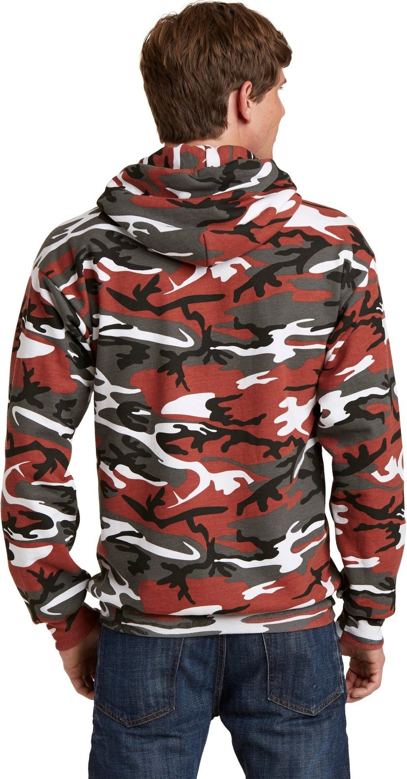 Red Camo Port & Co Core Fleece Camo Pullover Hooded Sweatshirt. PC78HC