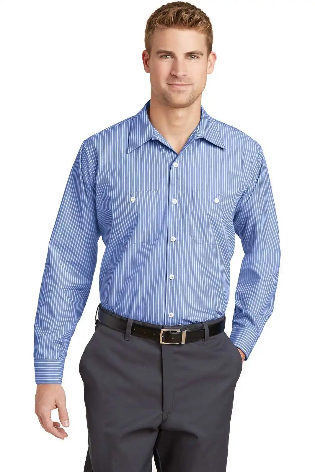 Red Kap Cs10 Long Sleeve Striped Industrial Work Shirt - Blue/ White
