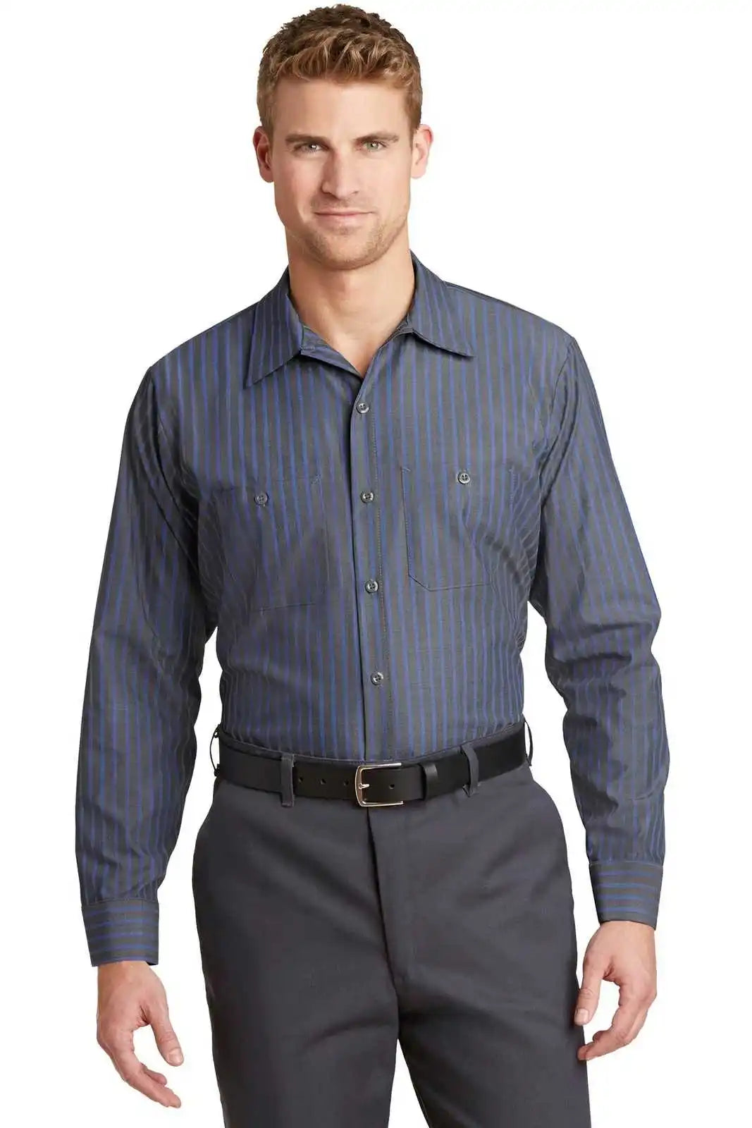 Red Kap Cs10 Long Sleeve Striped Industrial Work Shirt - Gray/ Blue