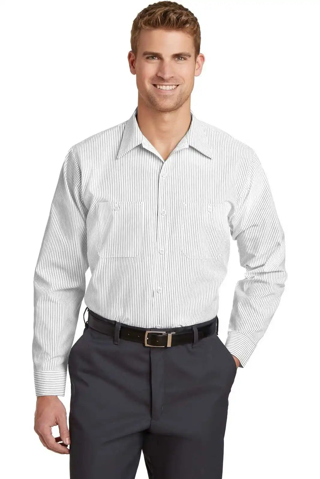 Red Kap Cs10 Long Sleeve Striped Industrial Work Shirt - Gray/ White