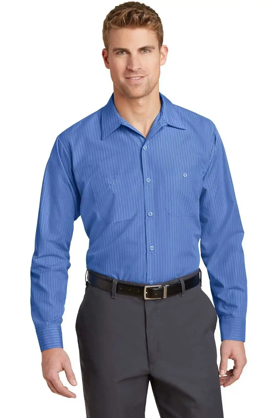 Red Kap Cs10 Long Sleeve Striped Industrial Work Shirt - Petrol Blue/ Navy