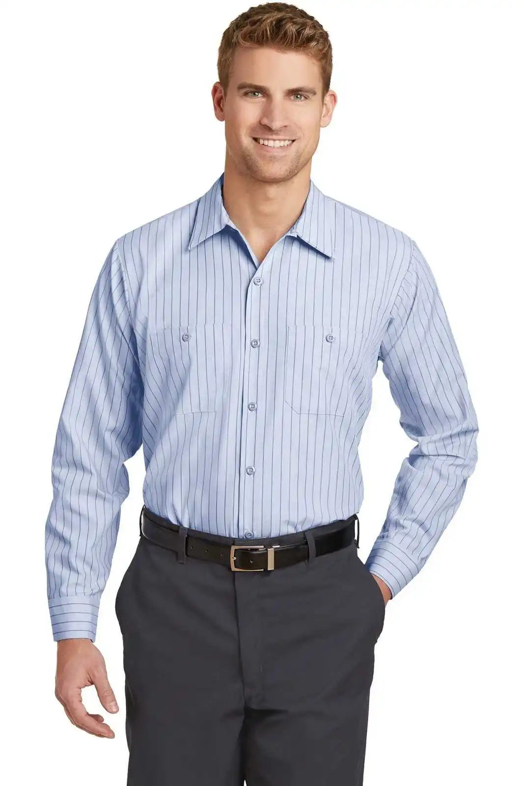 Red Kap Cs10long Long Size Striped Industrial Work Shirt - Light Blue/ Navy