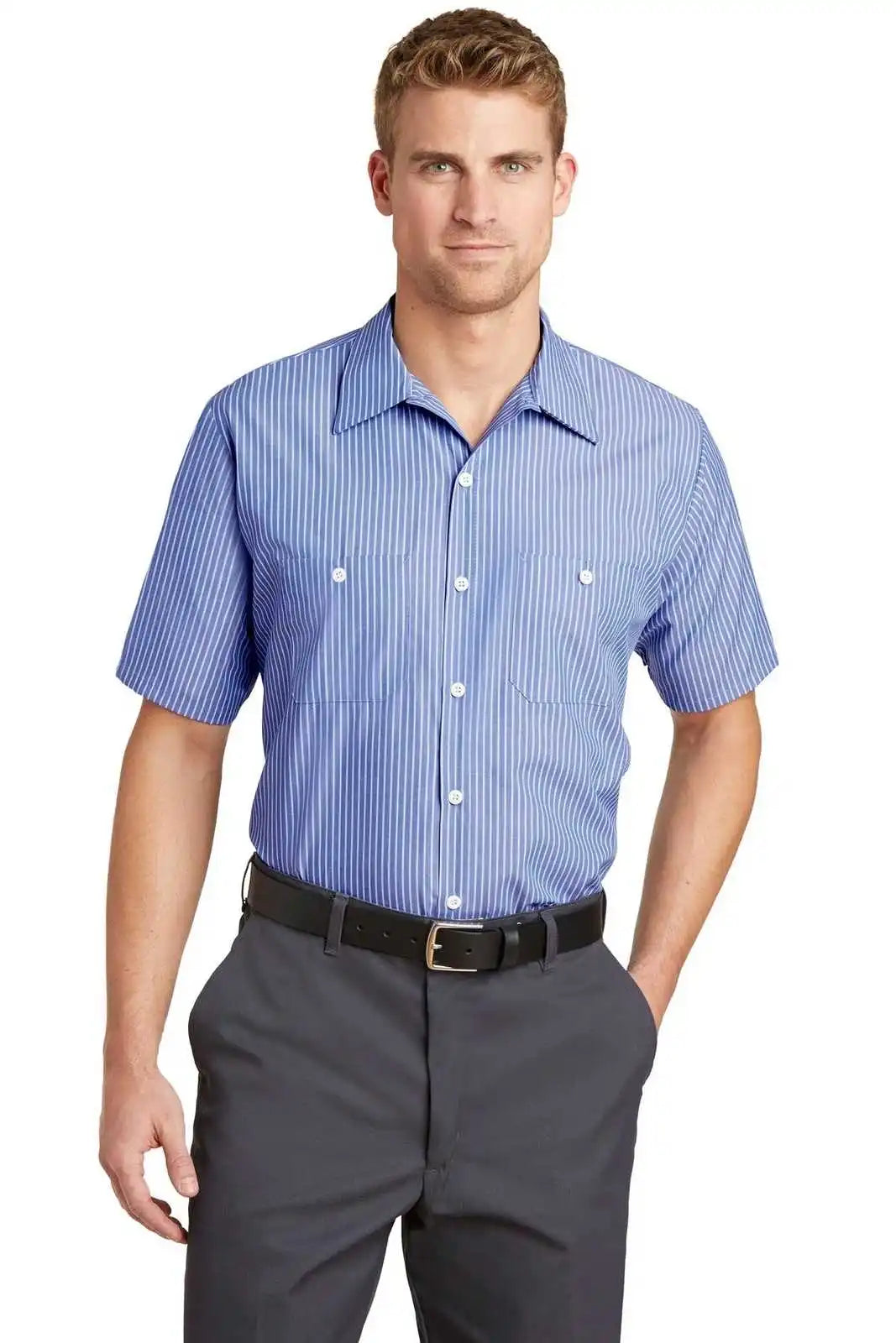 Red Kap Cs20 Short Sleeve Striped Industrial Work Shirt - Blue/ White