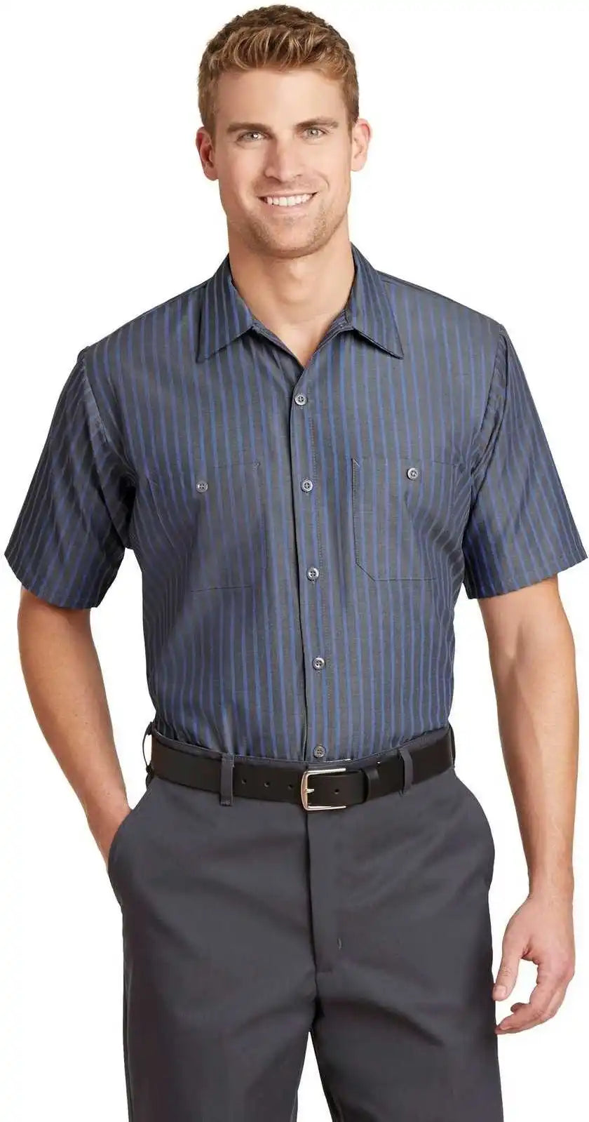 Red Kap Cs20 Short Sleeve Striped Industrial Work Shirt Gray/ Blue