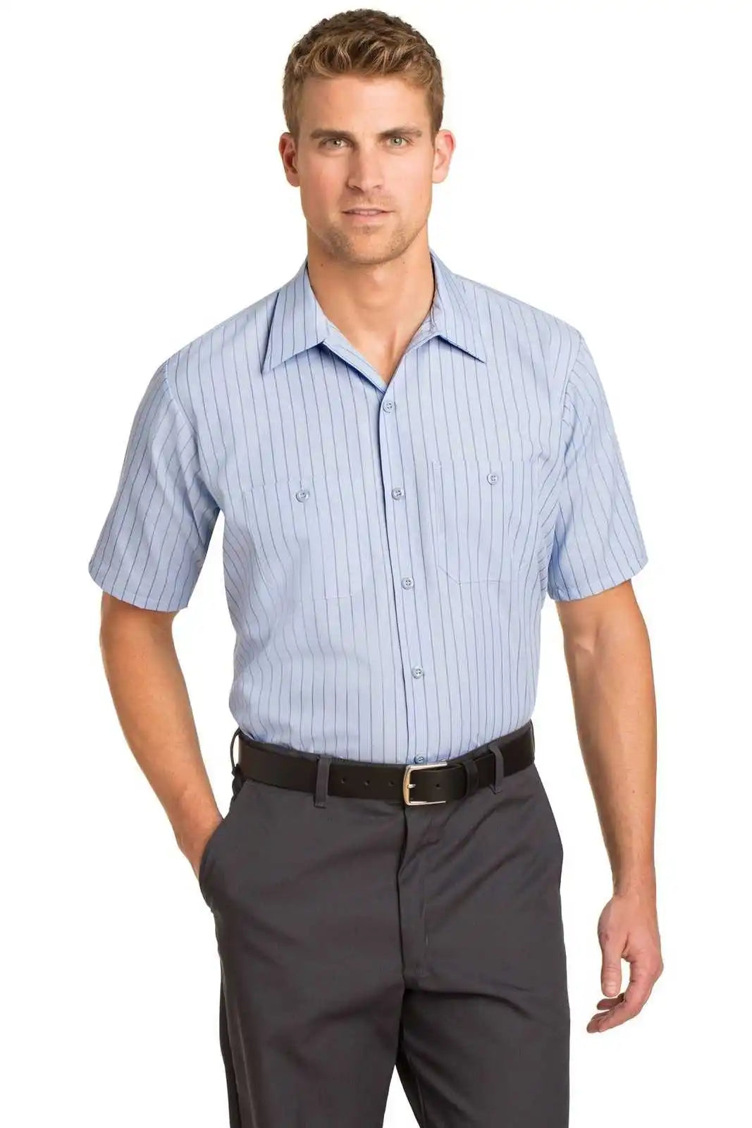 Red Kap Cs20 Short Sleeve Striped Industrial Work Shirt - Light Blue/ Navy