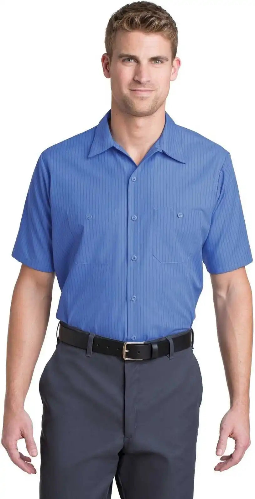 Red Kap Cs20 Short Sleeve Striped Industrial Work Shirt Petrol Blue/ Navy