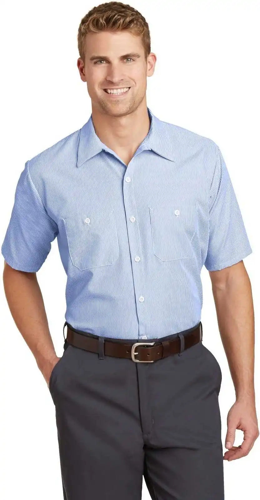Red Kap Cs20 Short Sleeve Striped Industrial Work Shirt White/ Blue