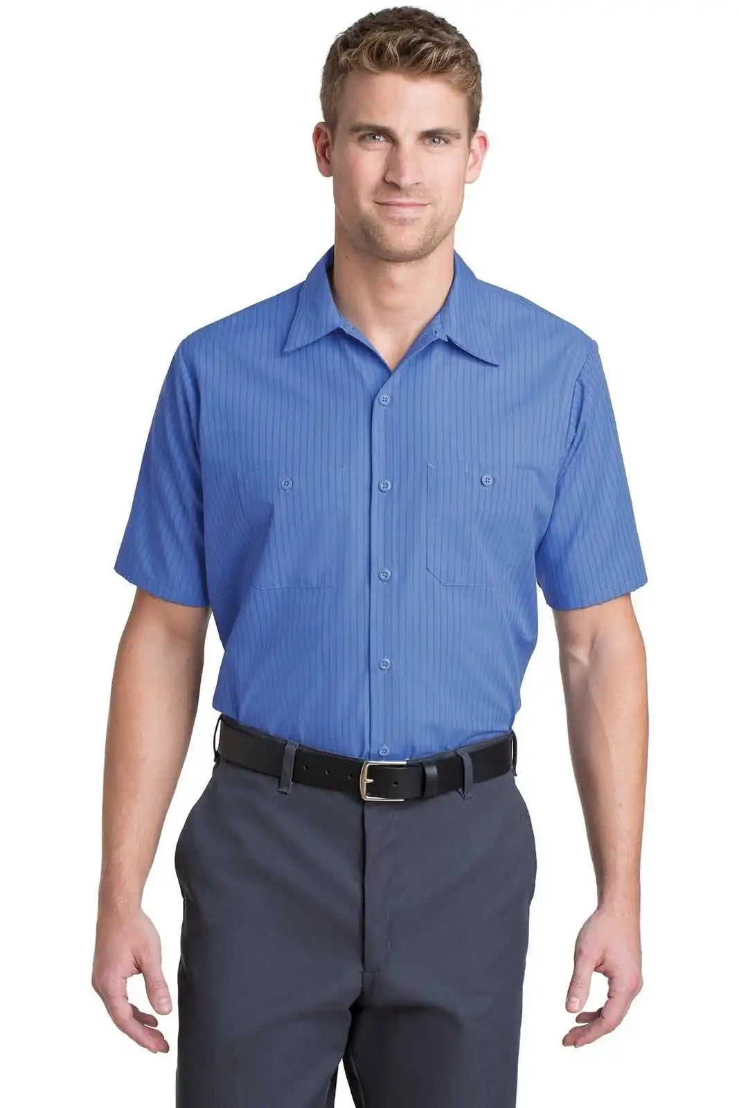 Red Kap Cs20long Long Size Short Sleeve Striped Industrial Work Shirt - Petrol Blue/ Navy