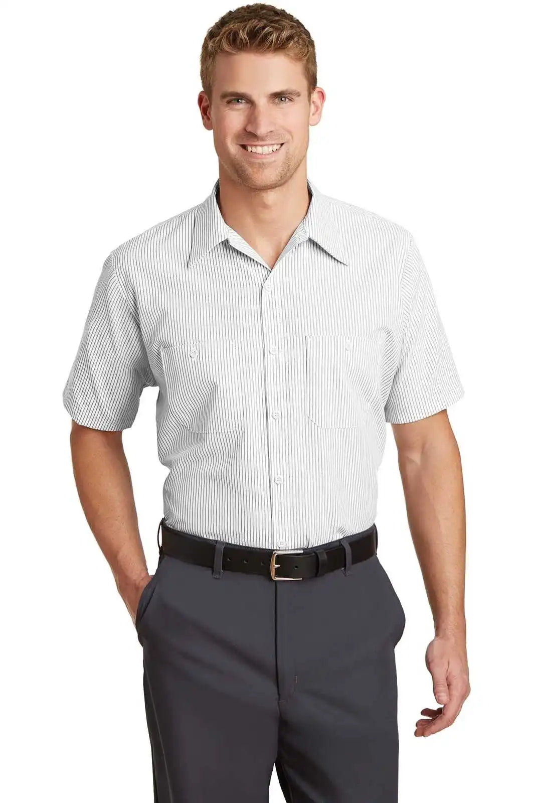 Red Kap Cs20long Long Size Short Sleeve Striped Industrial Work Shirt - Gray/ White