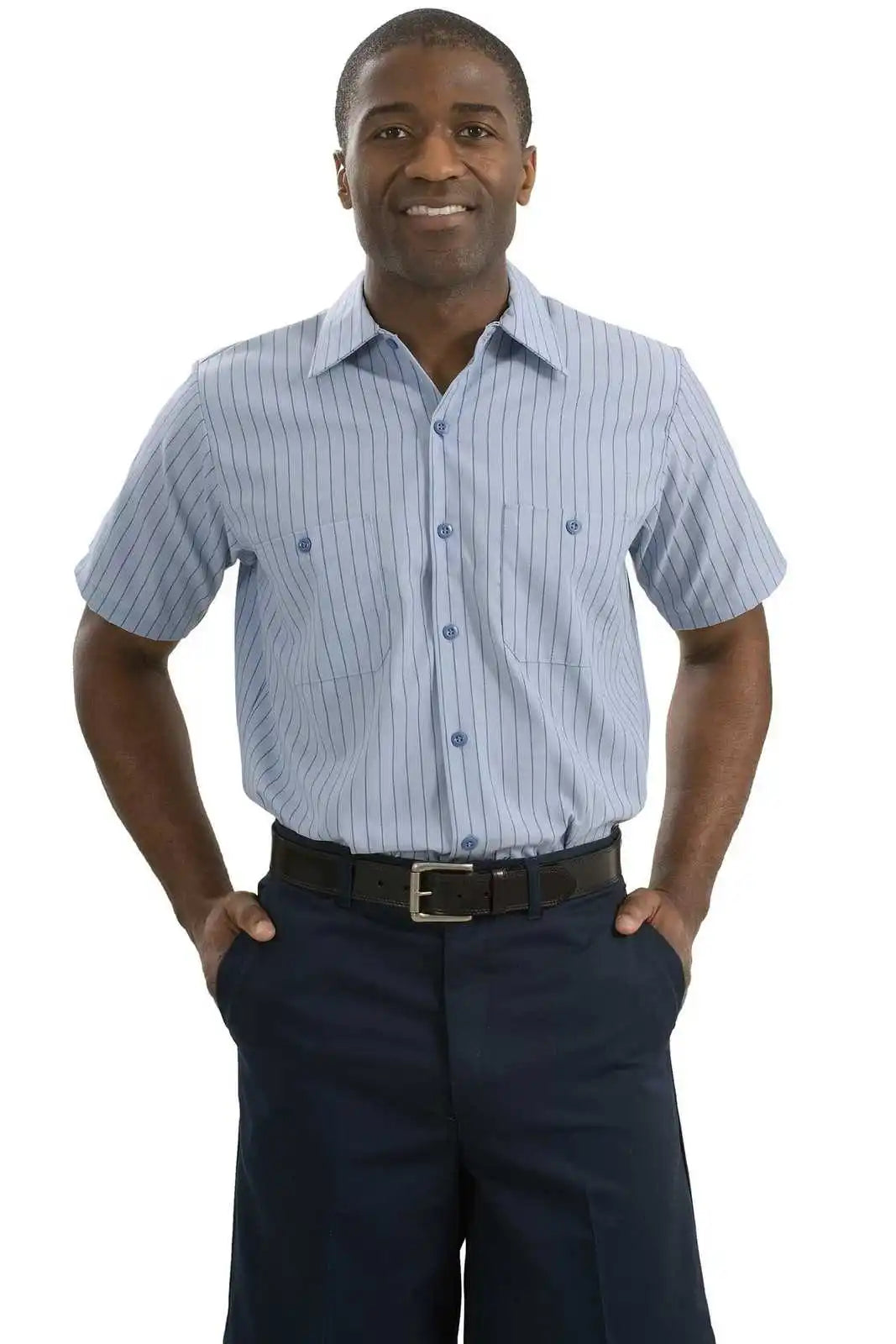 Red Kap Cs20long Long Size Short Sleeve Striped Industrial Work Shirt - Light Blue Navy