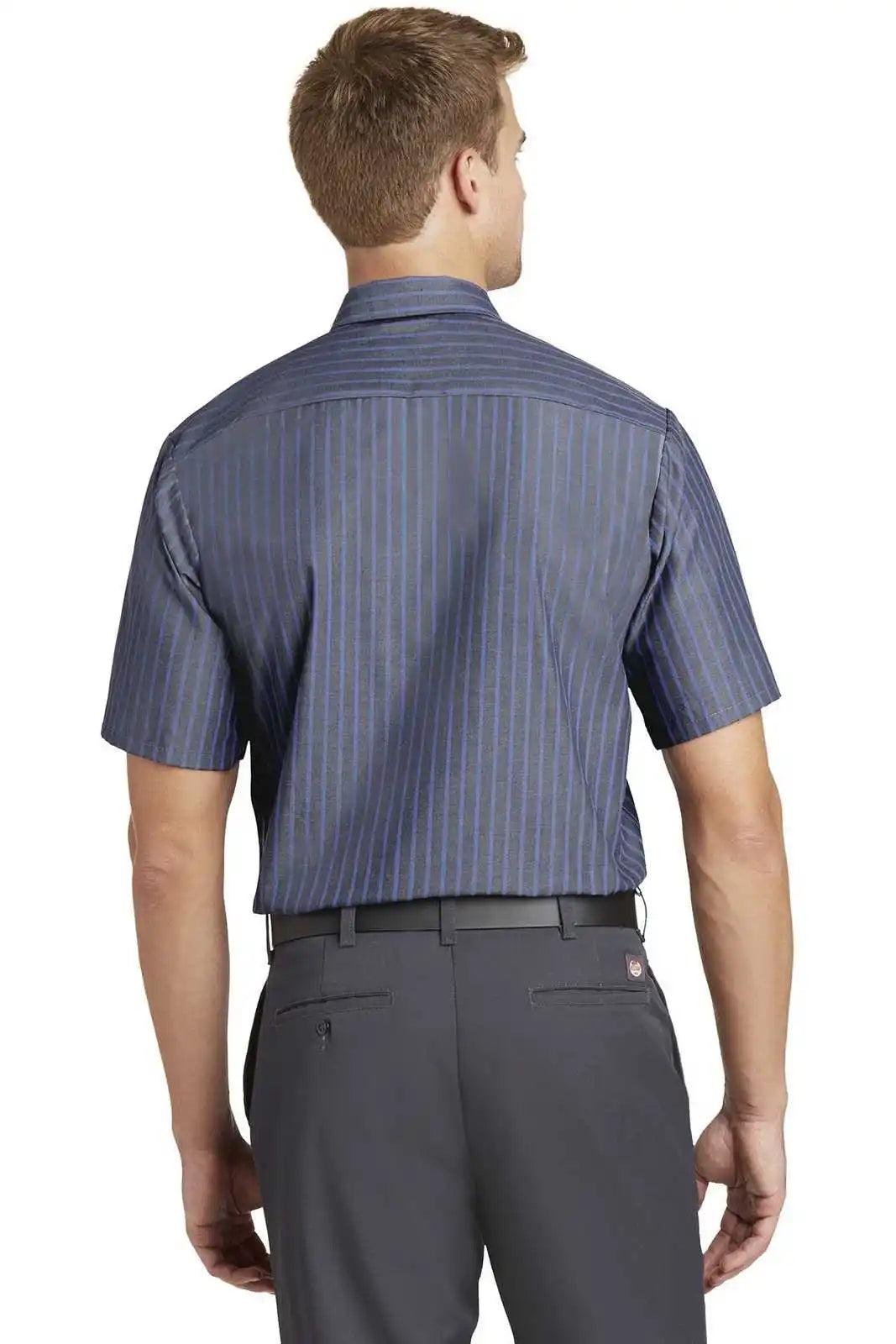 Red Kap Cs20long Long Size Short Sleeve Striped Industrial Work Shirt - Gray/ Blue