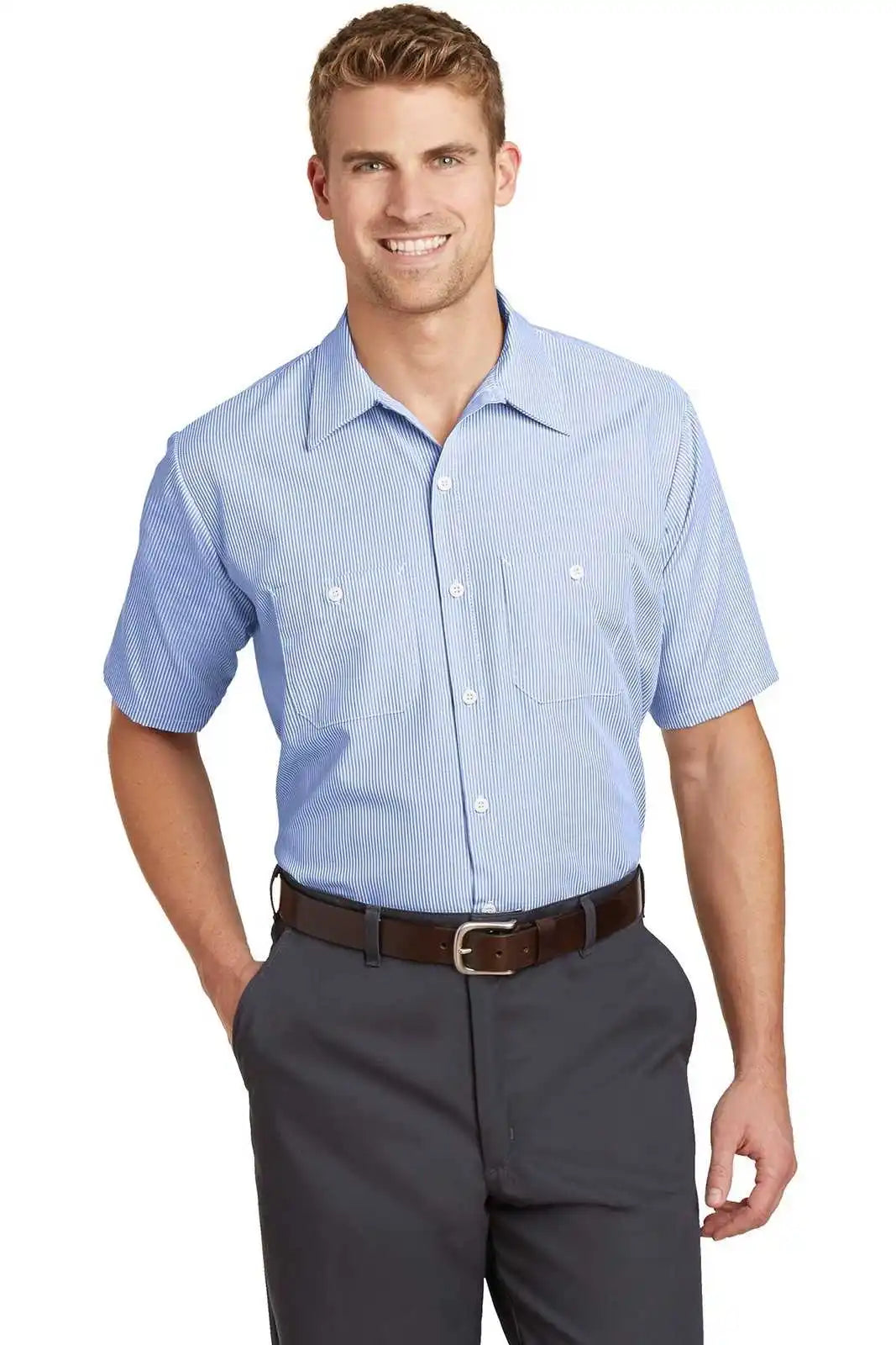 Red Kap Cs20long Long Size Short Sleeve Striped Industrial Work Shirt - White/ Blue