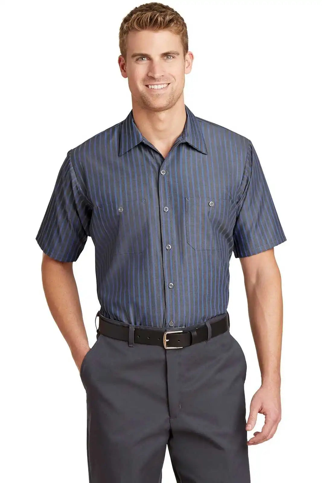 Red Kap Cs20long Long Size Short Sleeve Striped Industrial Work Shirt - Gray/ Blue