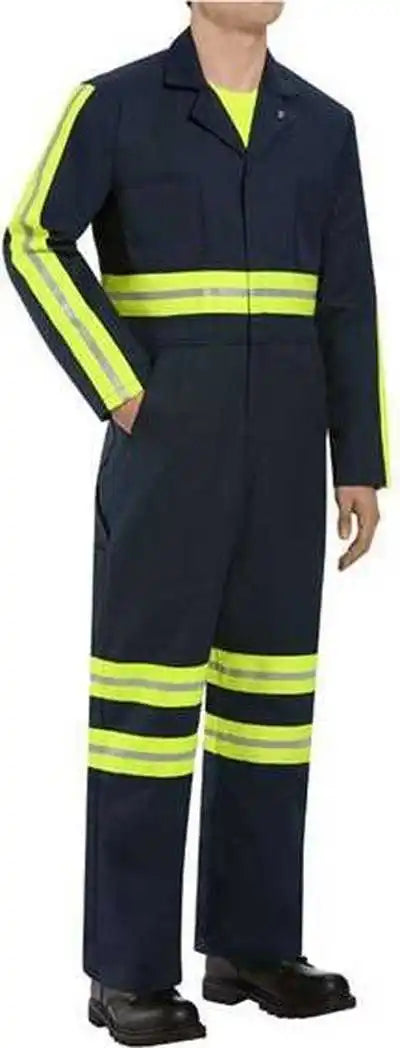 Red Kap Ct10enl Enhanced Visibility Action Back Coverall Long Sizes Navy Yellow Trim