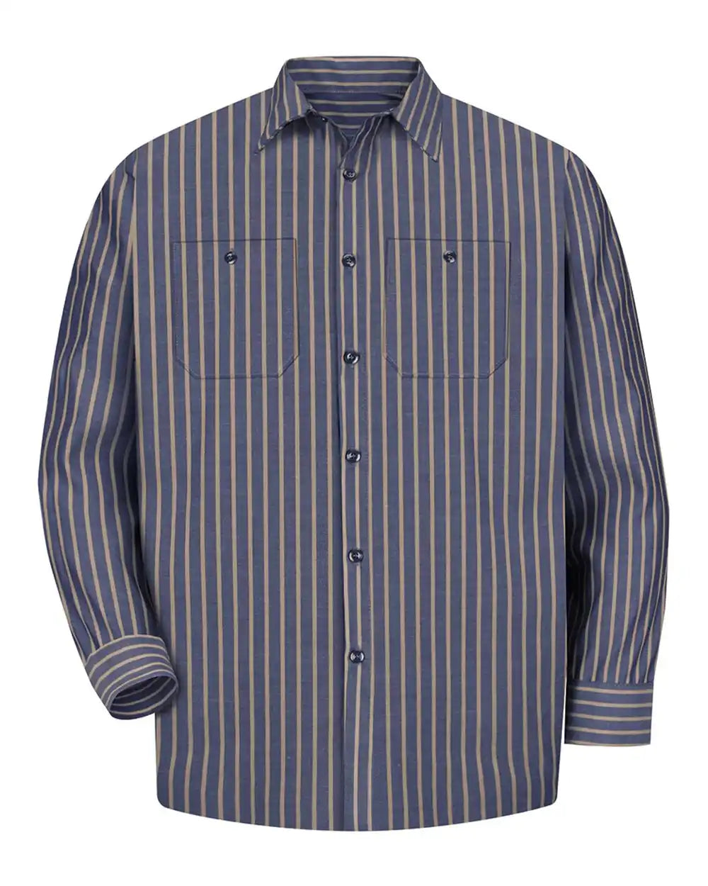 Red Kap Sp14 Industrial Long Sleeve Work Shirt - Navy Khaki Stripe - Navy/ / s