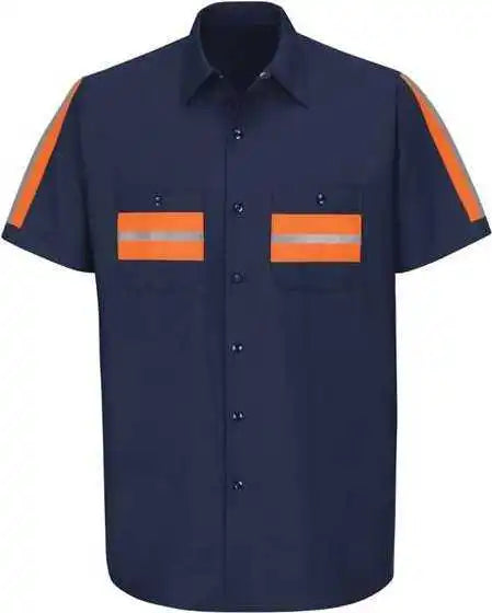 Red Kap Sp24el Enhanced Visibility Industrial Work Shirt Long Sizes - Navy Orange Trim
