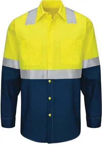 Red Kap Sy14 Enhanced &amp; Hi Visibility Long Sleeve Work Shirt Fluorescent Yellow Green Navy