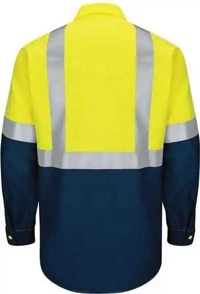 Red Kap Sy14 Enhanced &amp; Hi Visibility Long Sleeve Work Shirt Fluorescent Yellow Green Navy