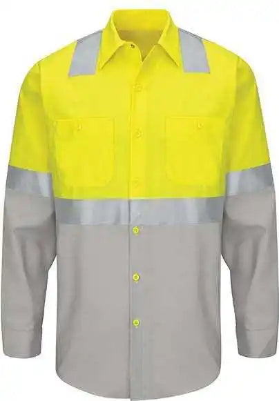 Red Kap Sy14 Enhanced & Hi Visibility Long Sleeve Work Shirt Fluorescent Yellow Green Gray