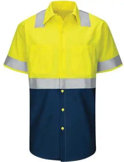 Red Kap Sy24 Enhanced &amp; Hi-visibility Work Shirt - Fluorescent Yellow Green Navy