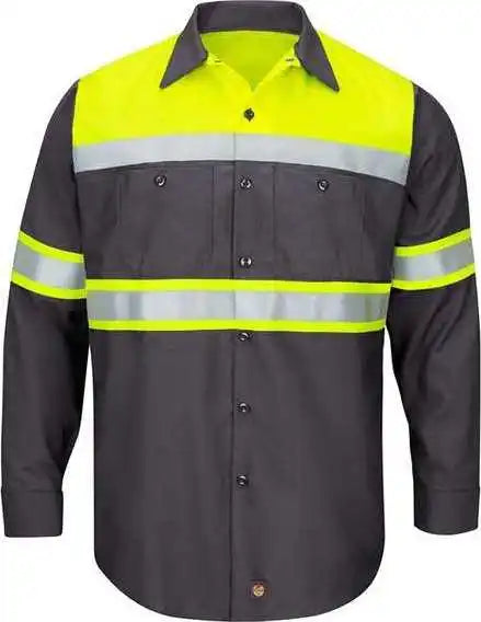 Red Kap Sy70l Hi-visibility Colorblock Ripstop Long Sleeve Work Shirt - Tall - Fluorescent Yellow Charcoal