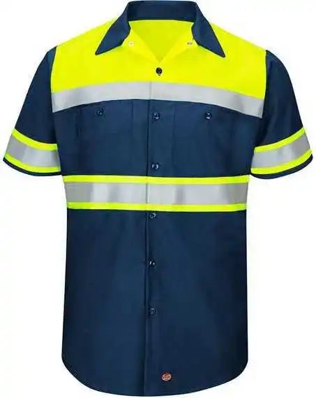 Red Kap Sy80l Hi-visibility Colorblock Ripstop Short Sleeve Work Shirt - Tall - Fluorescent Yellow Navy