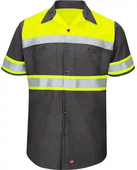 Red Kap Sy80l Hi Visibility Colorblock Ripstop Short Sleeve Work Shirt Tall Fluorescent Yellow Charcoal